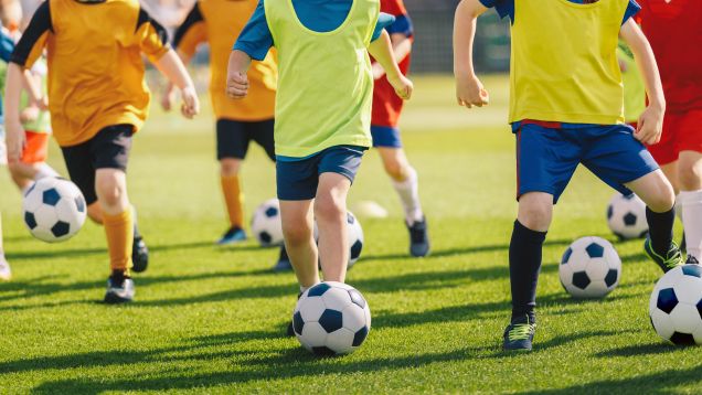 Foto von laufenden Kindern im Anschnitt des Oberkörpers und der Beine auf sonnig-grünem Fußballrasen, die Fußbälle vor sich her spielen